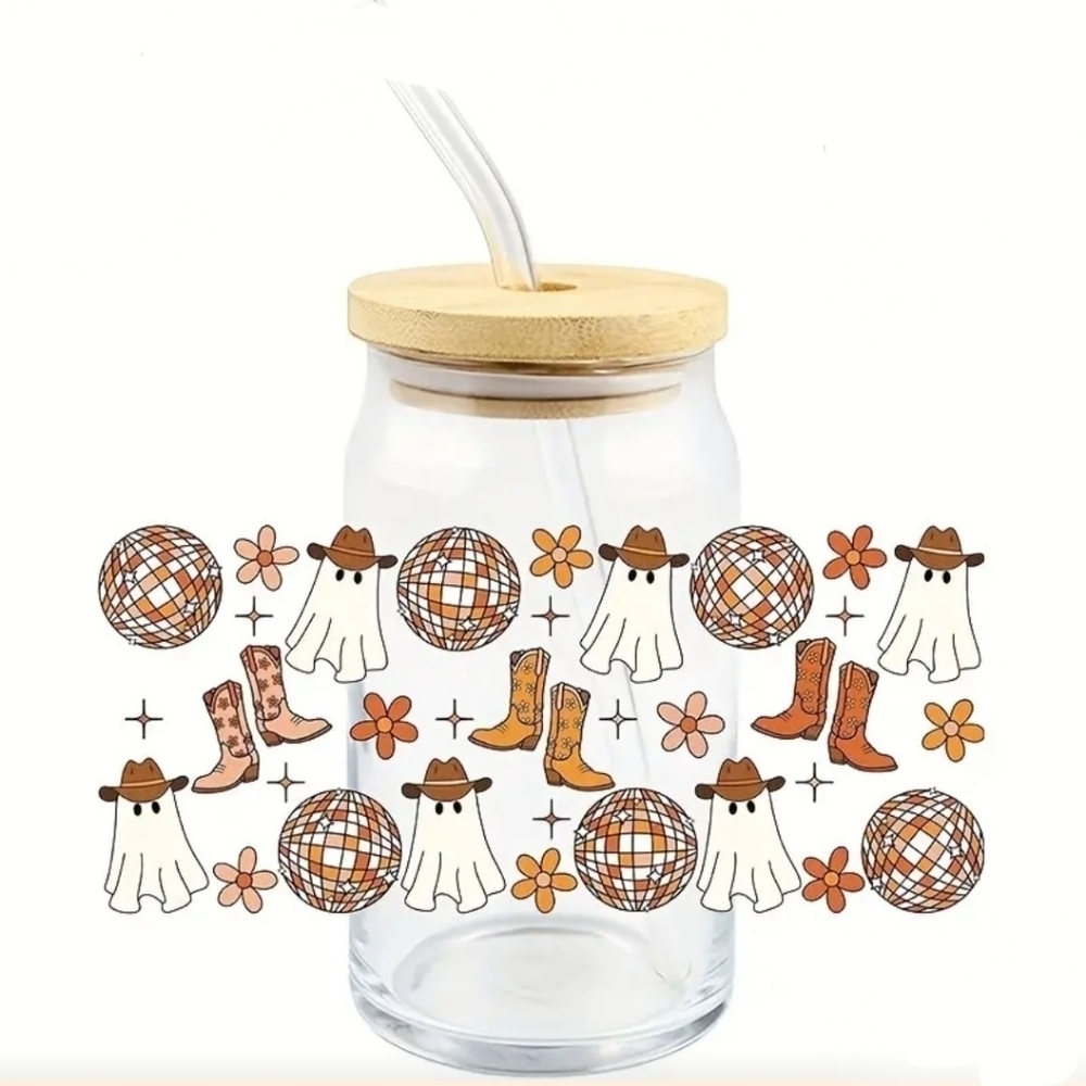 NEW! Halloween Ghost, cowboy boots and disco balls 16oz Glass Tumbler
